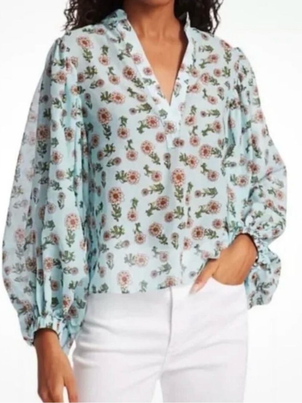 Alice + Olivia Light Blue Floral Balloon-Sleeve Blouse